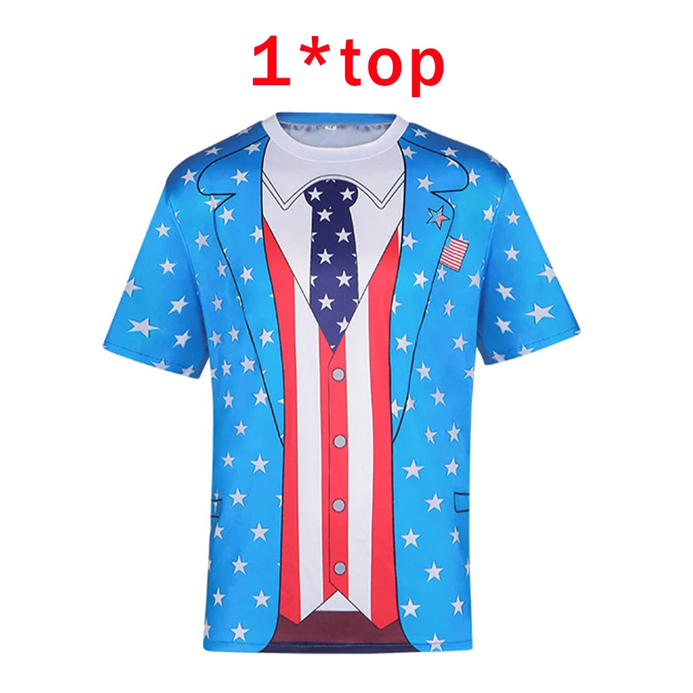 Patriotic Star Print 4Th of July T-Shirt with Top Hat Independence Day Cosplay Costume Set Men Short-Sleeve Tops Holiday Parties