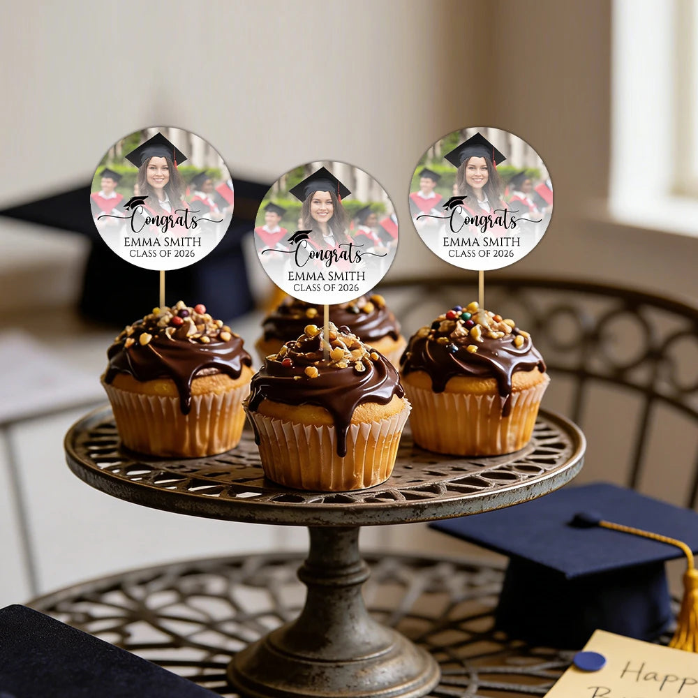 6/12/24pcs customized photos and text graduation cake topper, perfect for 2026 graduation season, happy graduation parties