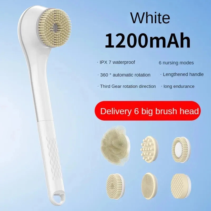 Electric Bath Brush with 6 Replaceable Heads, 360° Rotating Body Scrubber, IPX7 Waterproof, Type-C Rechargeable For Shower