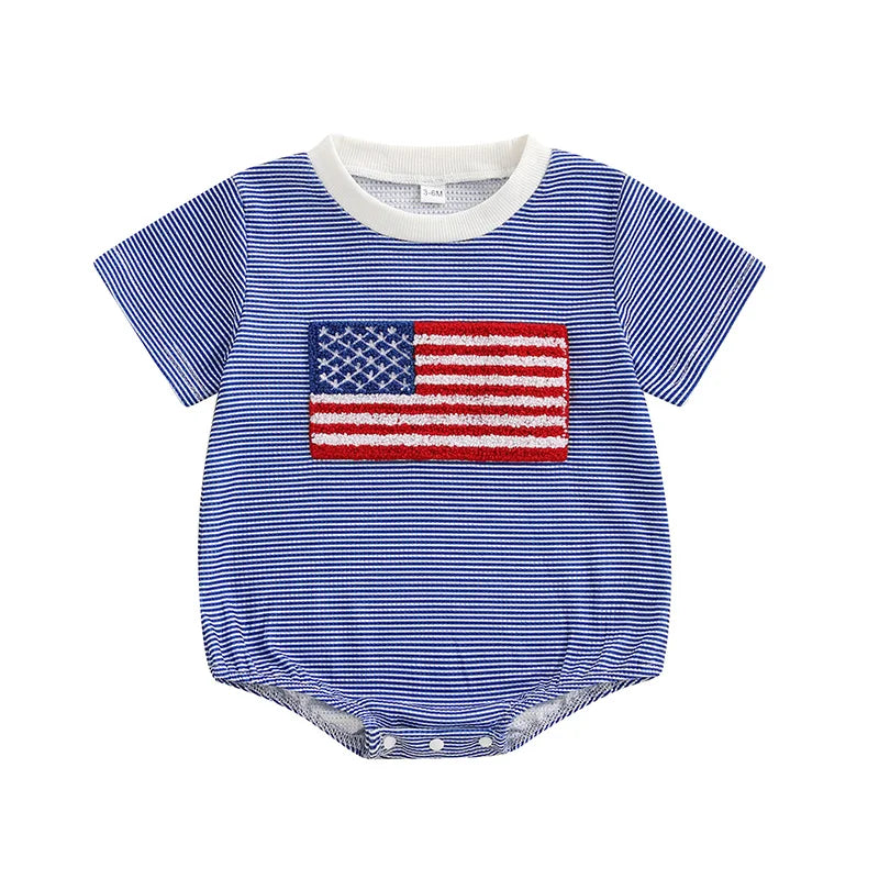 4th of July Baby Boy Outfit American Flag Short Sleeve Waffle Knit Romper Fourth of July Independence Day Bodysuits Clothes