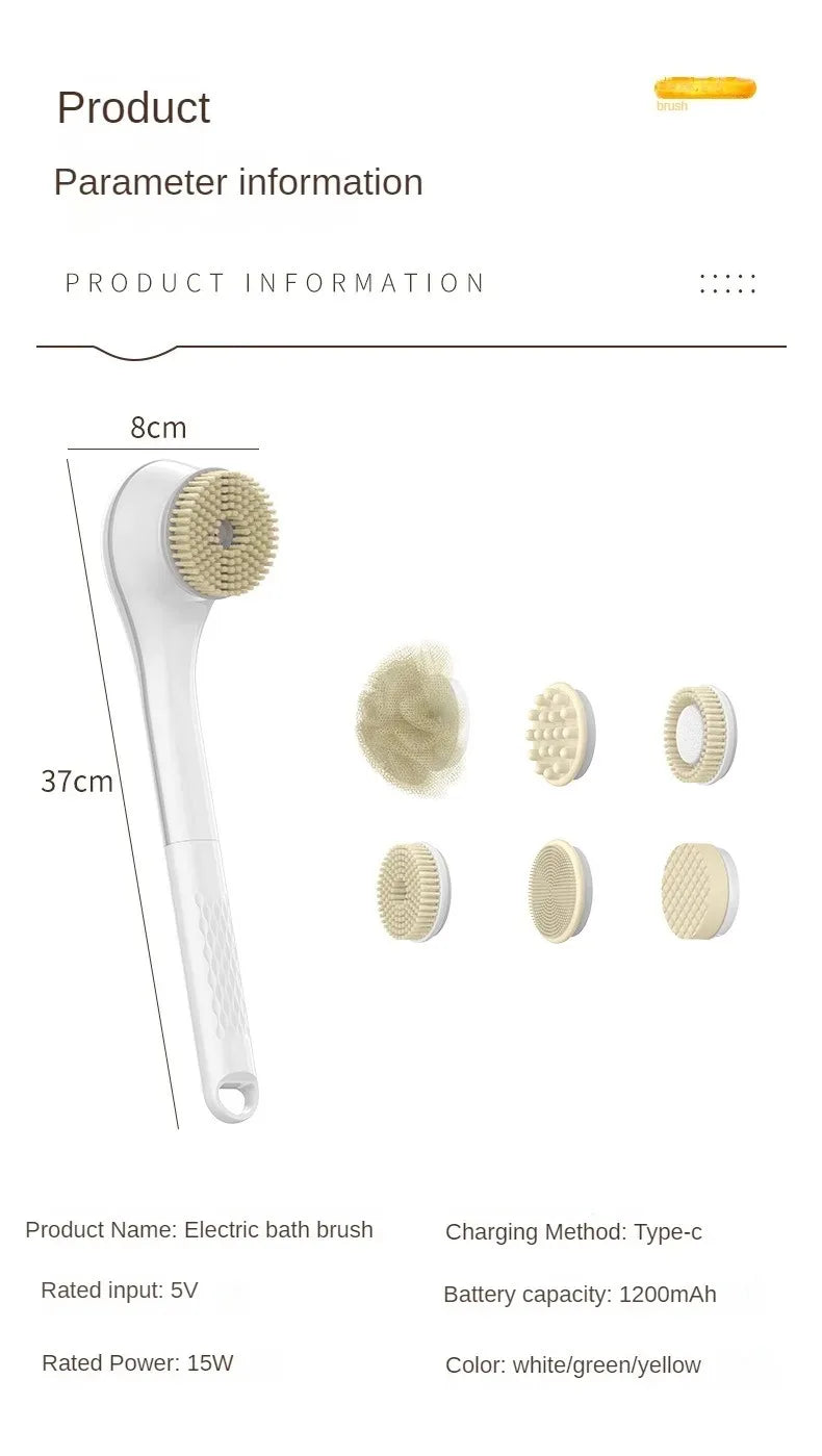 Electric Bath Brush with 6 Replaceable Heads, 360° Rotating Body Scrubber, IPX7 Waterproof, Type-C Rechargeable For Shower