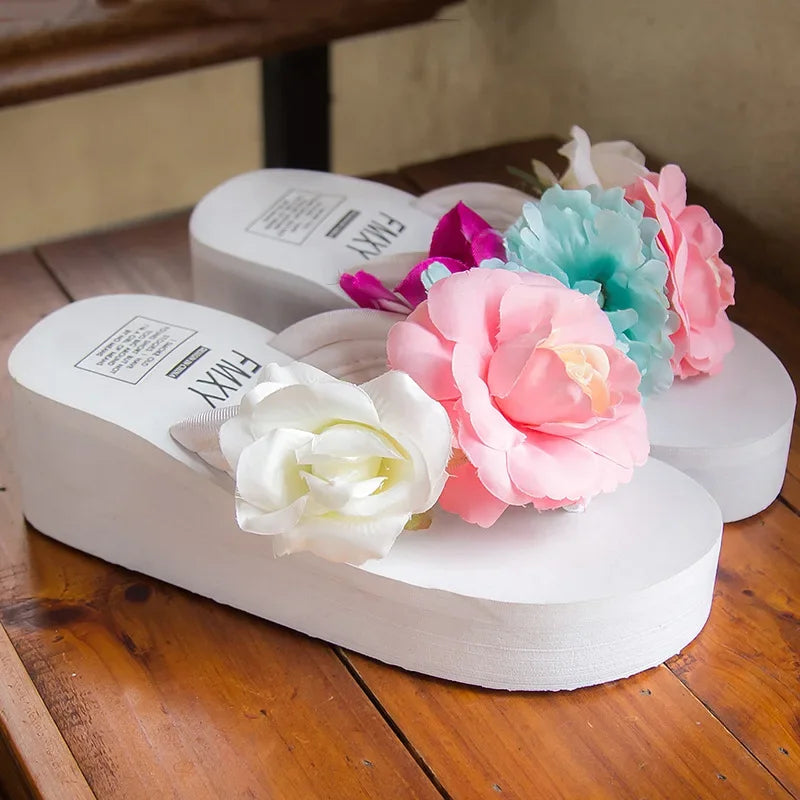 6cm High Heel Women's Summer New Beach Handmade Flip-flops Muffin Thick Bottom Flower Sandals Increase Wild Women's Slippers