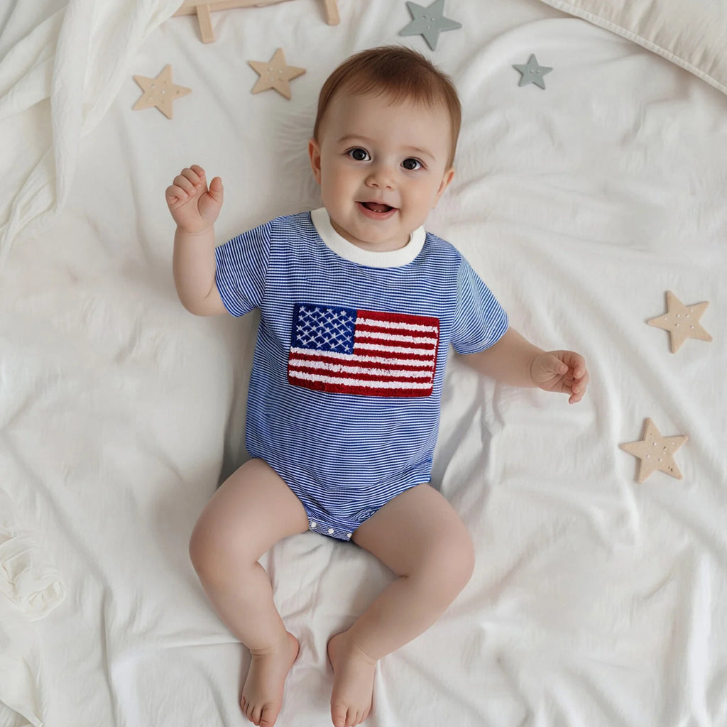 4th of July Baby Boy Outfit American Flag Short Sleeve Waffle Knit Romper Fourth of July Independence Day Bodysuits Clothes