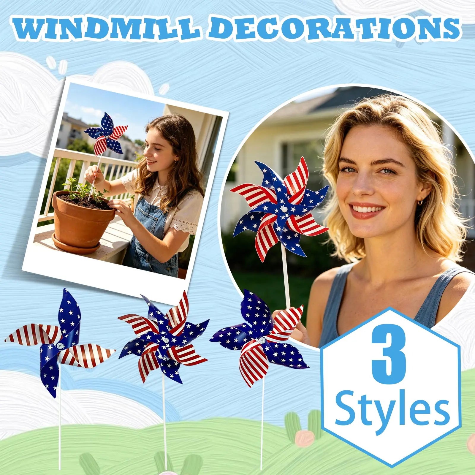 12pcs American Independence Day Handheld Pinwheels, 4th of July Patriotic Red White and Blue Wind Spinners, Holiday Decorations