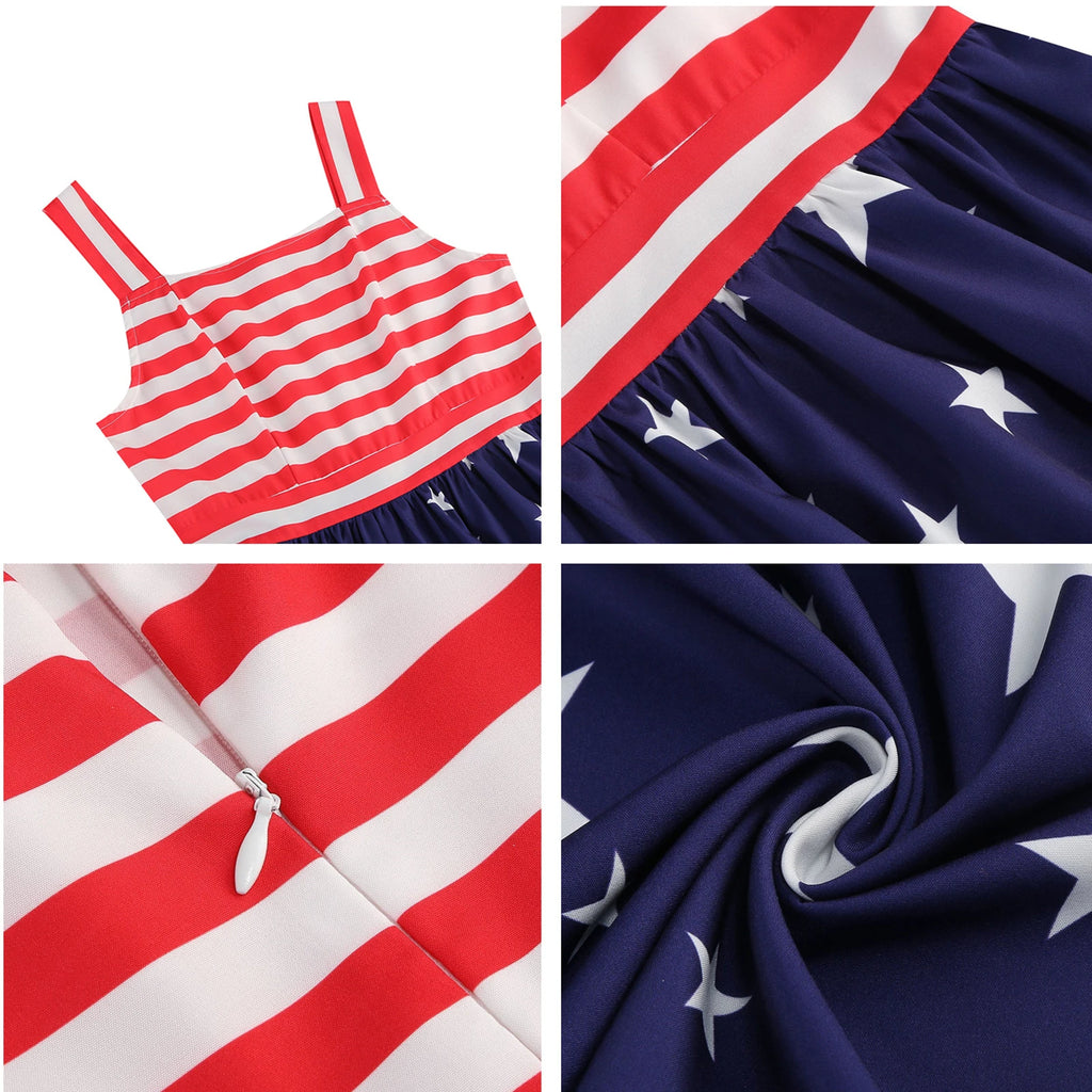 4th Of July Independence Day Dress For Women American Flag Patriotic Dresses Summer Beach Vacation Vintage Suspender Swing Dress
