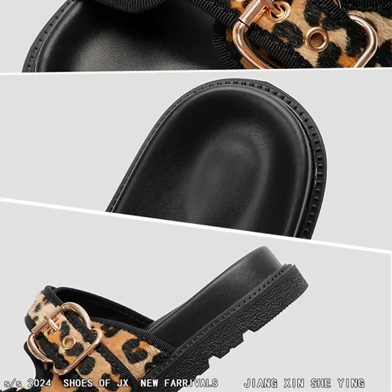 High Quality Leopard Metal Buckle Design Women Slippers Sexy Comfort Non Slip Slide Sandals Summer Size 43 Platform Flip Flops