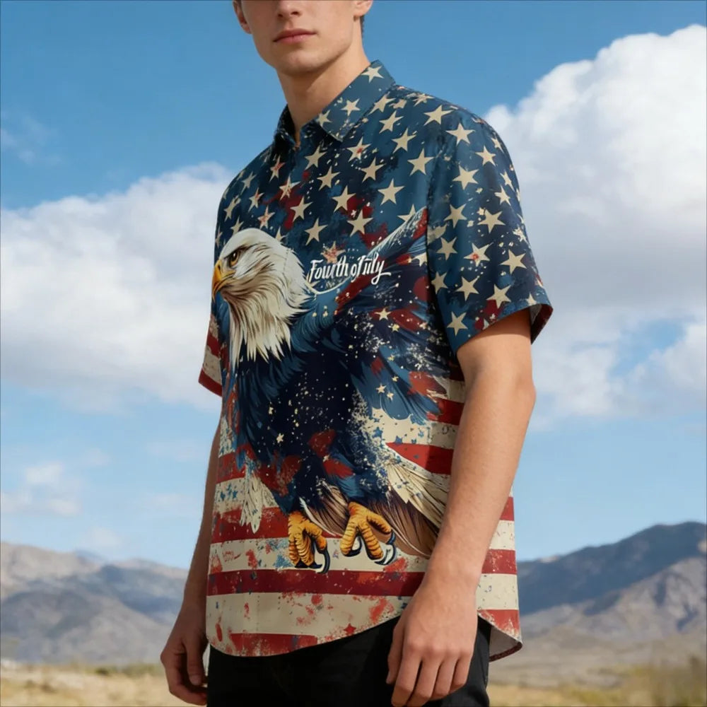 Men's Patriotic July 4th Button-Up Shirt American Flag Eagle Print Short Sleeve Casual Top for Independence Day Celebrations
