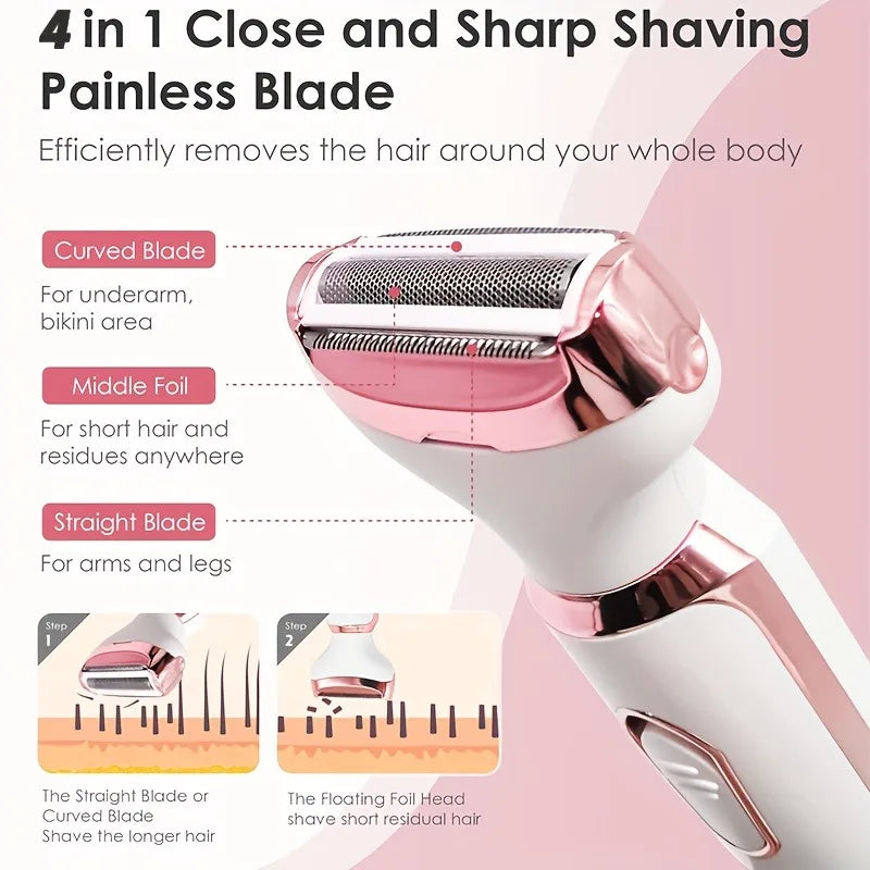4 In 1 Electric Lady Shaver, Body Hair Removal Epilator, Painless Cordless Trimmer Razor, Gifts For Women