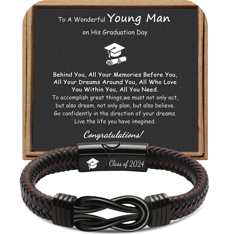 High School College Graduation Gifts for Men Class of 2024 Leather Stainless Steel Knot Bracelet, Graduation Gifts for Son BFF