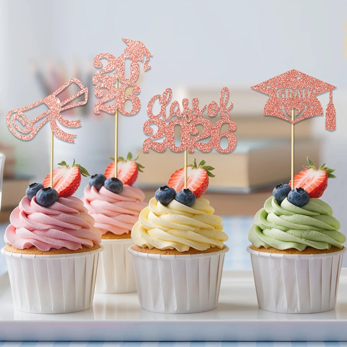 12pcs 2026 Graduation Cake Toppers Graduation Theme Party Picks with Diploma Grad Cap Graduation Party Celebration Decorations