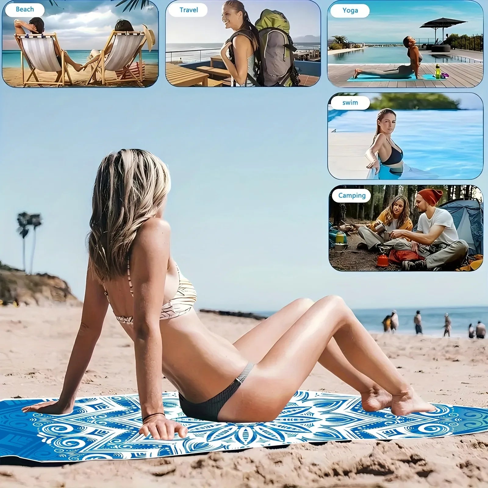 Blue and White Mandala Beach Towel: Ideal for Tropical Getaways Suitable for towels, bath towels, beach towels