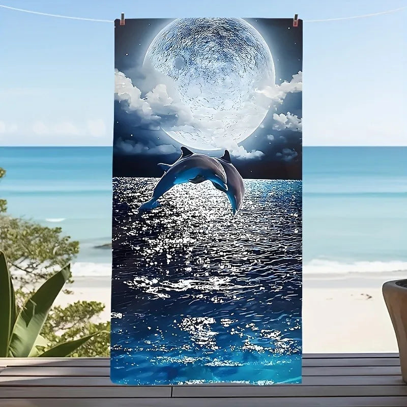Dolphin and Moon Beach Towel: Dive into Fantasy by the Sea Suitable for towels, bath towels, beach towels