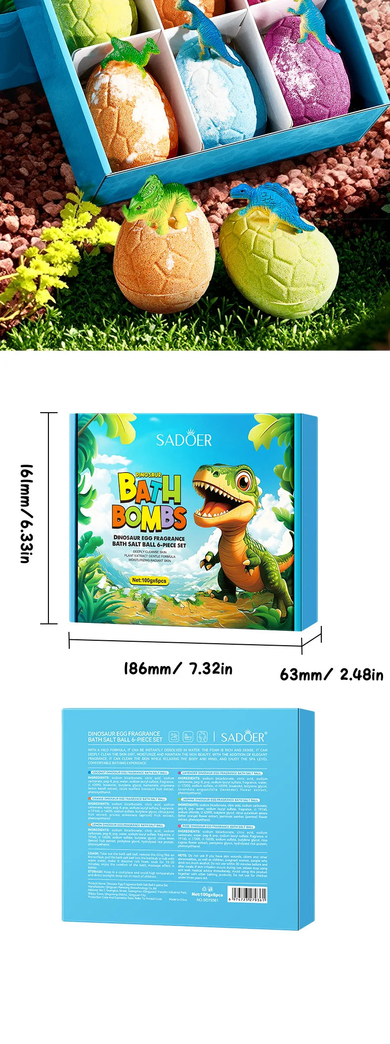 100gx6pcs Dinosaur Egg Shaped Bath Bombs Fruit and Flower Scented Bubble Bath Moisturizing Bath Bombs Festival Gifts