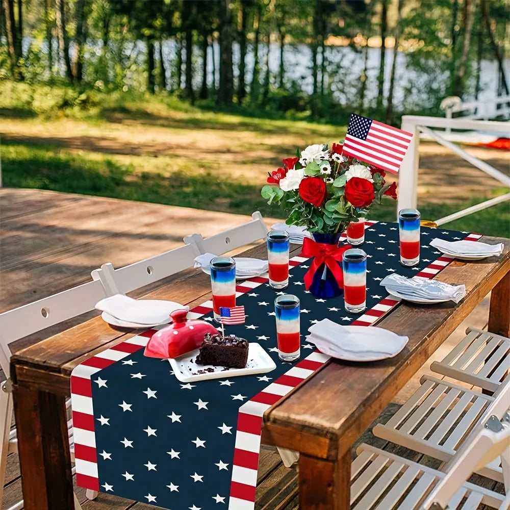 Patriotic American Flag Linen Table Runner - Stars & Stripes 4th of July Decor, Accent for Independence Day Party Kitchen