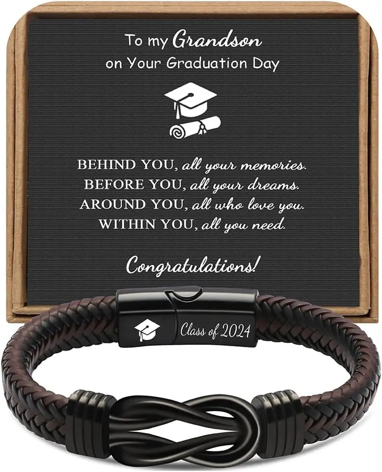 High School College Graduation Gifts for Men Class of 2024 Leather Stainless Steel Knot Bracelet, Graduation Gifts for Son BFF