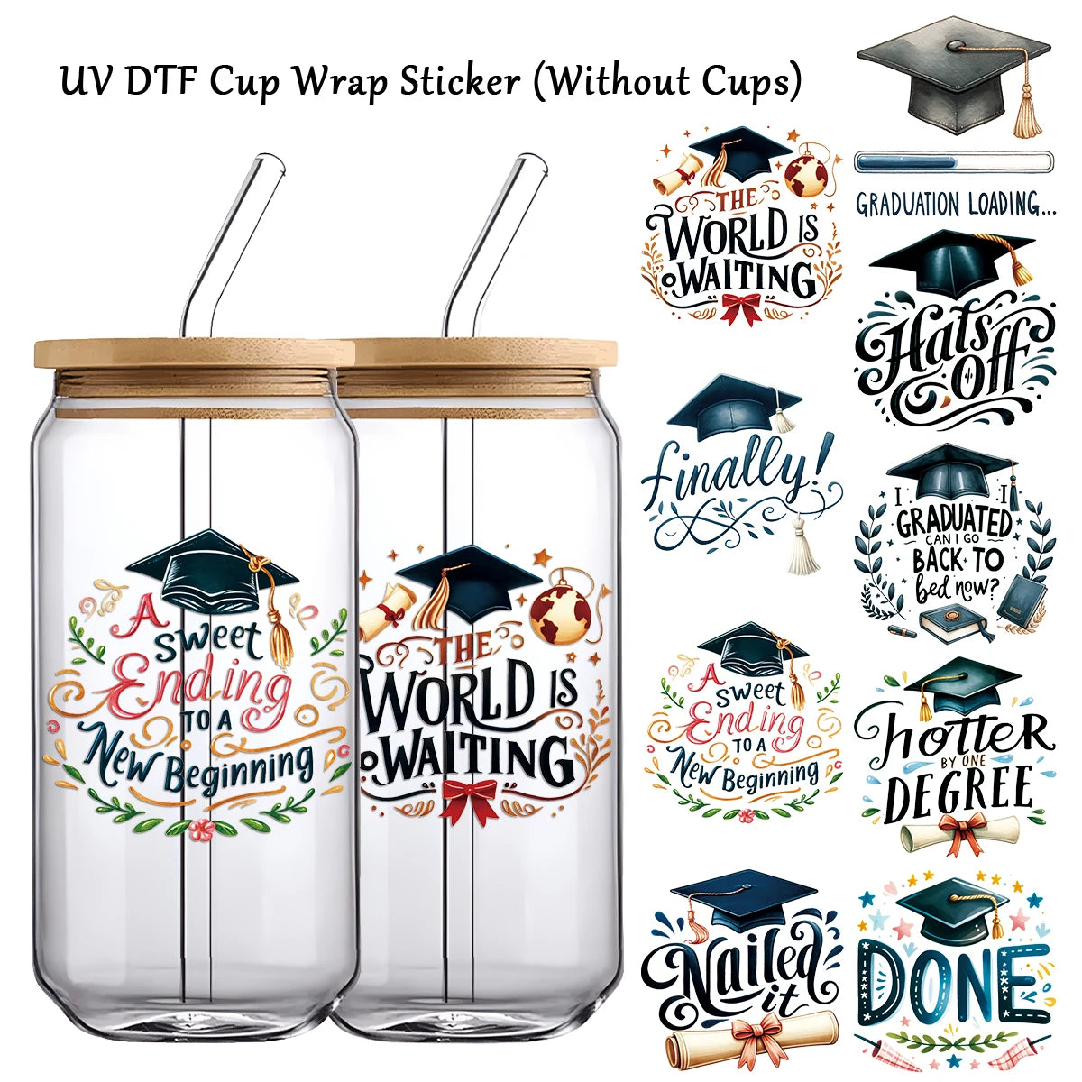 9pcs Set Graduation Season 2025 Greetings Uv Cup Wraps Transfer Sticker For Glass Can Bottle Gift Decoration Sticker Students