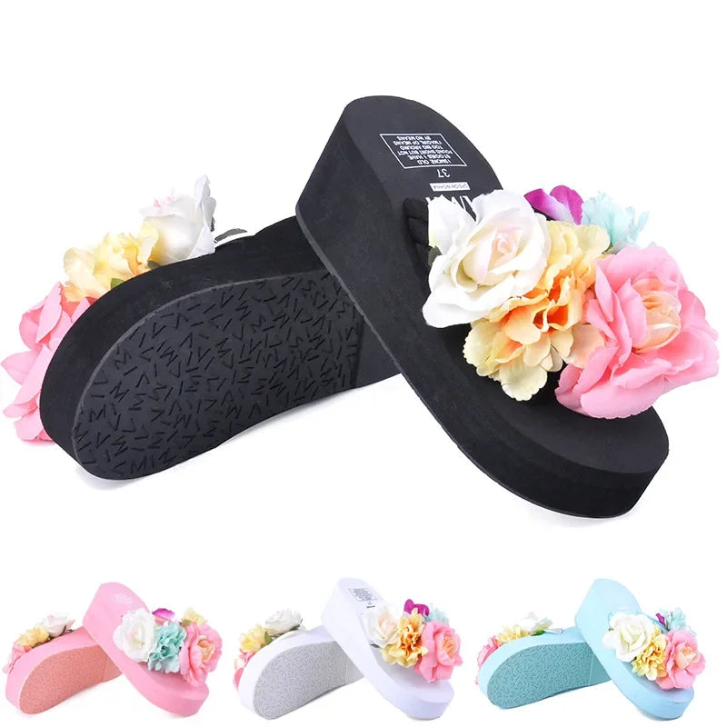 6cm High Heel Women's Summer New Beach Handmade Flip-flops Muffin Thick Bottom Flower Sandals Increase Wild Women's Slippers