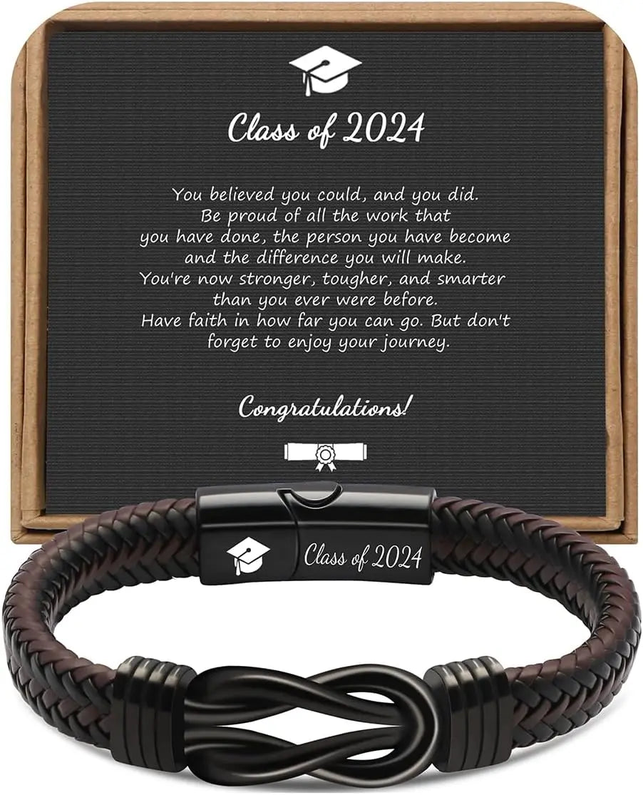 High School College Graduation Gifts for Men Class of 2024 Leather Stainless Steel Knot Bracelet, Graduation Gifts for Son BFF
