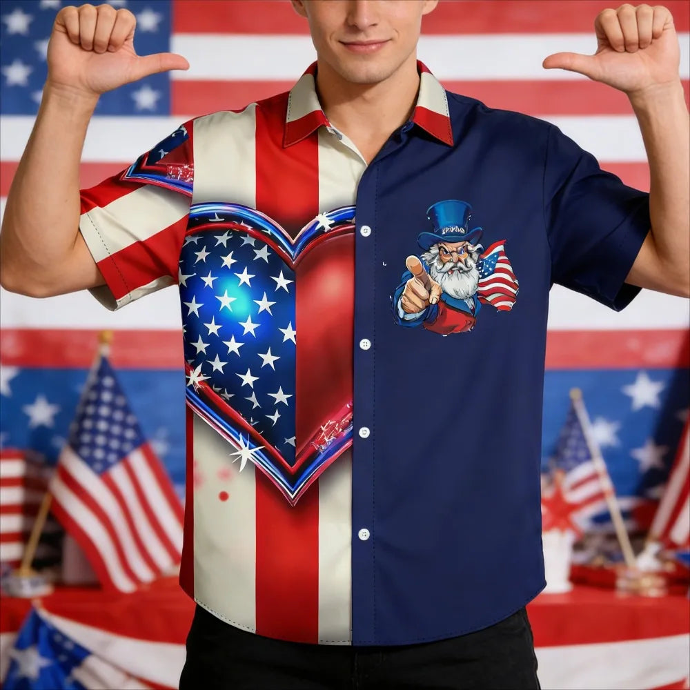 Men's Patriotic July 4th Button-Up Shirt American Flag Eagle Print Short Sleeve Casual Top for Independence Day Celebrations