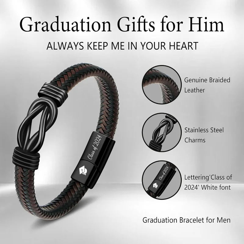 High School College Graduation Gifts for Men Class of 2024 Leather Stainless Steel Knot Bracelet, Graduation Gifts for Son BFF