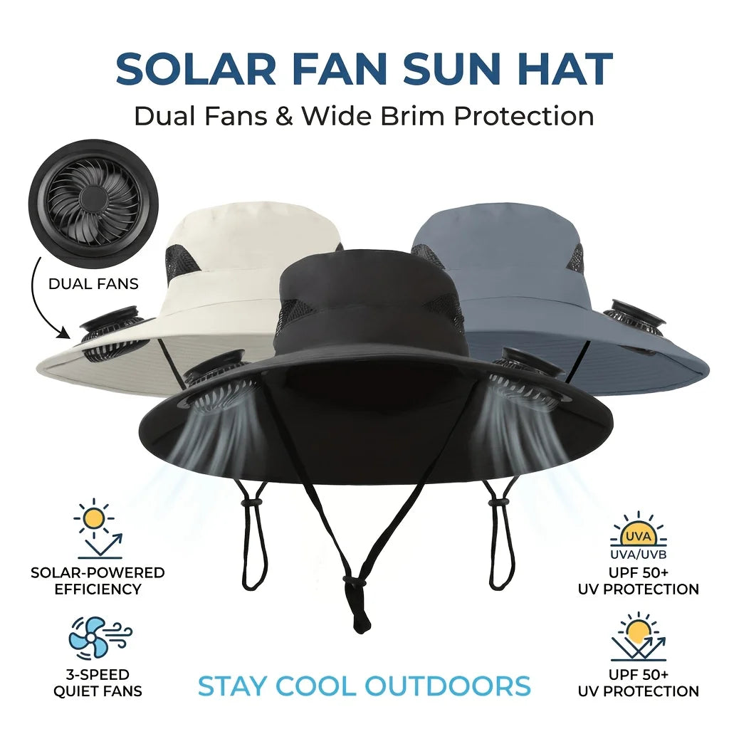Outdoor Solar Fan Hat UV Protection Sun Hat with 2 Solar Powered Fans Cap Breathable Wide Brim Fishing Hat for Camping Hiking