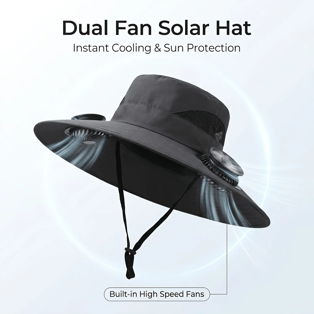 Outdoor Solar Fan Hat UV Protection Sun Hat with 2 Solar Powered Fans Cap Breathable Wide Brim Fishing Hat for Camping Hiking